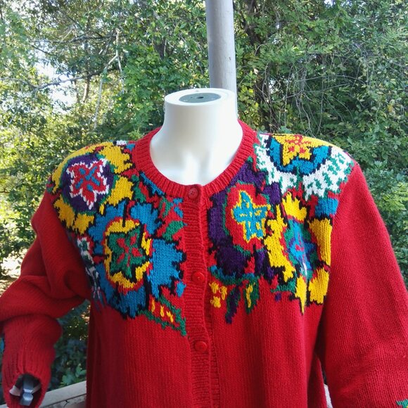 VTG 80s Red Boho Chunky Knit Floral Cottagecore Twee Button Up Cardigan Sweater - Picture 4 of 9